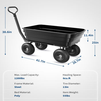 Garvee 1200 lb Poly Dump Cart, Heavy-Duty Yard Wagon with Quick Dump, No-Flat 13" Tires, Steel Frame Garden Utility Cart