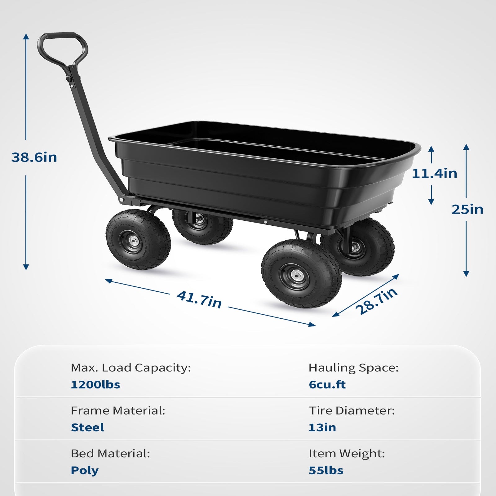 Garvee 1200 lb Poly Dump Cart, Heavy-Duty Yard Wagon with Quick Dump, No-Flat 13" Tires, Steel Frame Garden Utility Cart