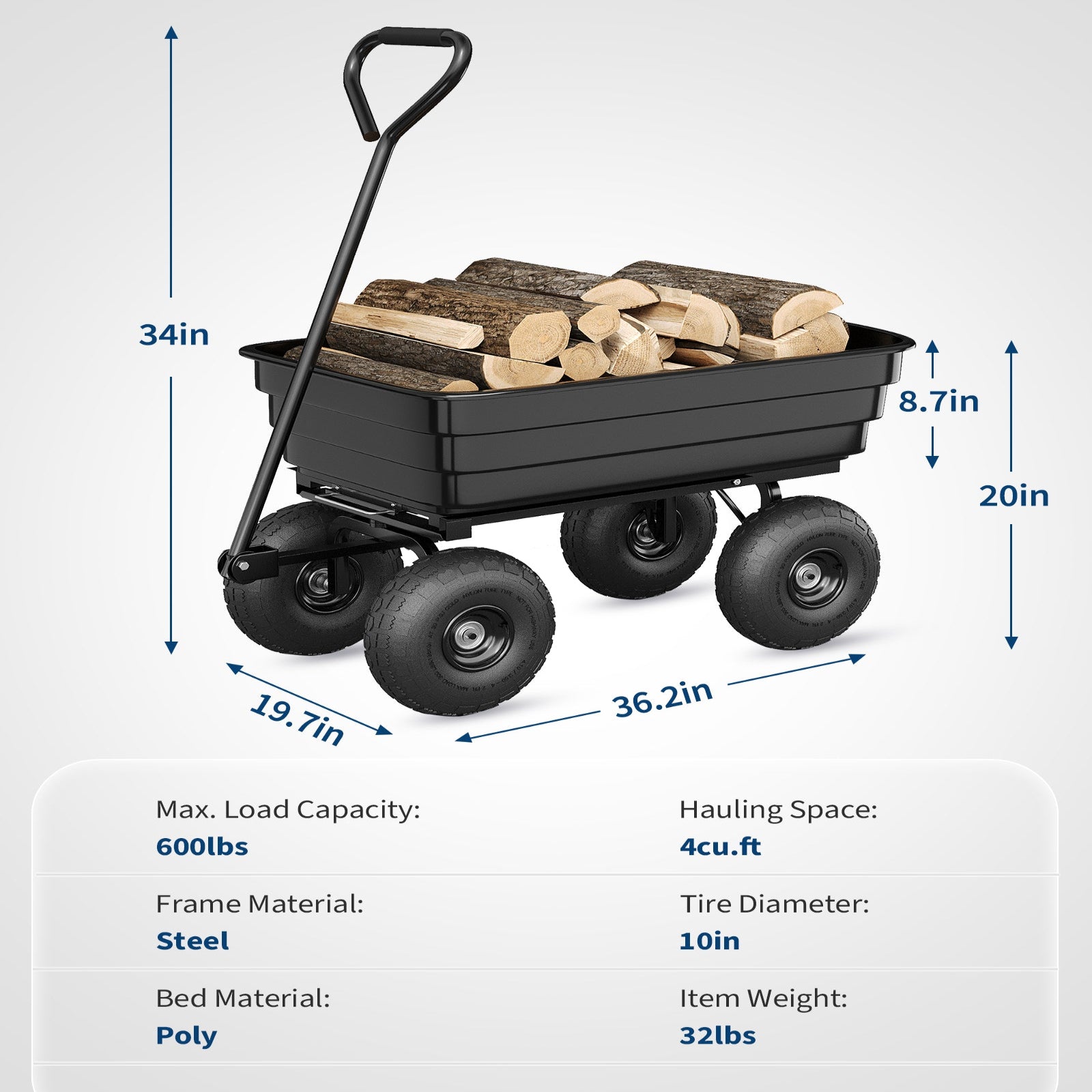 Garvee 1200 lb Poly Dump Cart, Heavy-Duty Yard Wagon with Quick Dump, No-Flat 13" Tires, Steel Frame Garden Utility Cart