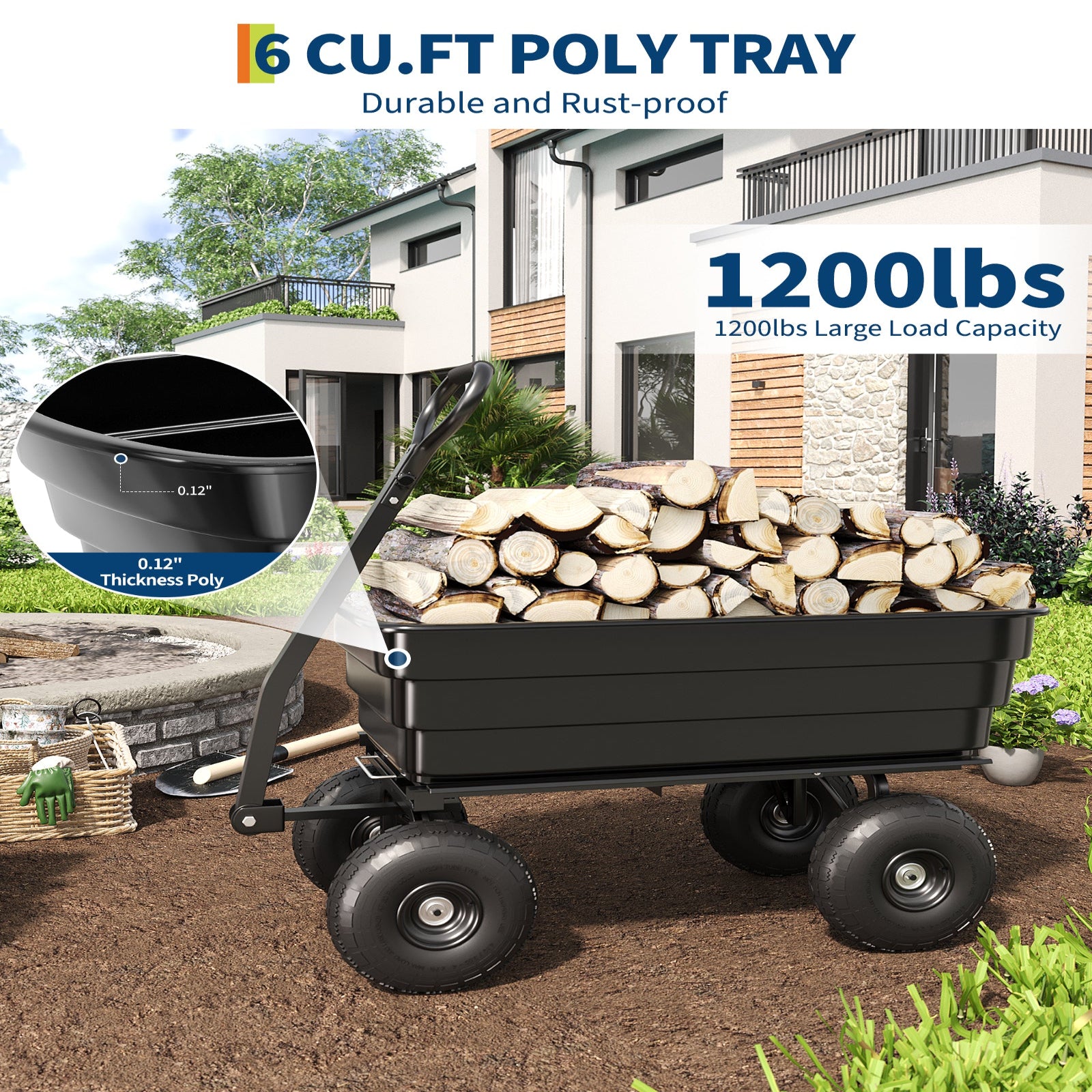Garvee 1200 lb Poly Dump Cart, Heavy-Duty Yard Wagon with Quick Dump, No-Flat 13" Tires, Steel Frame Garden Utility Cart