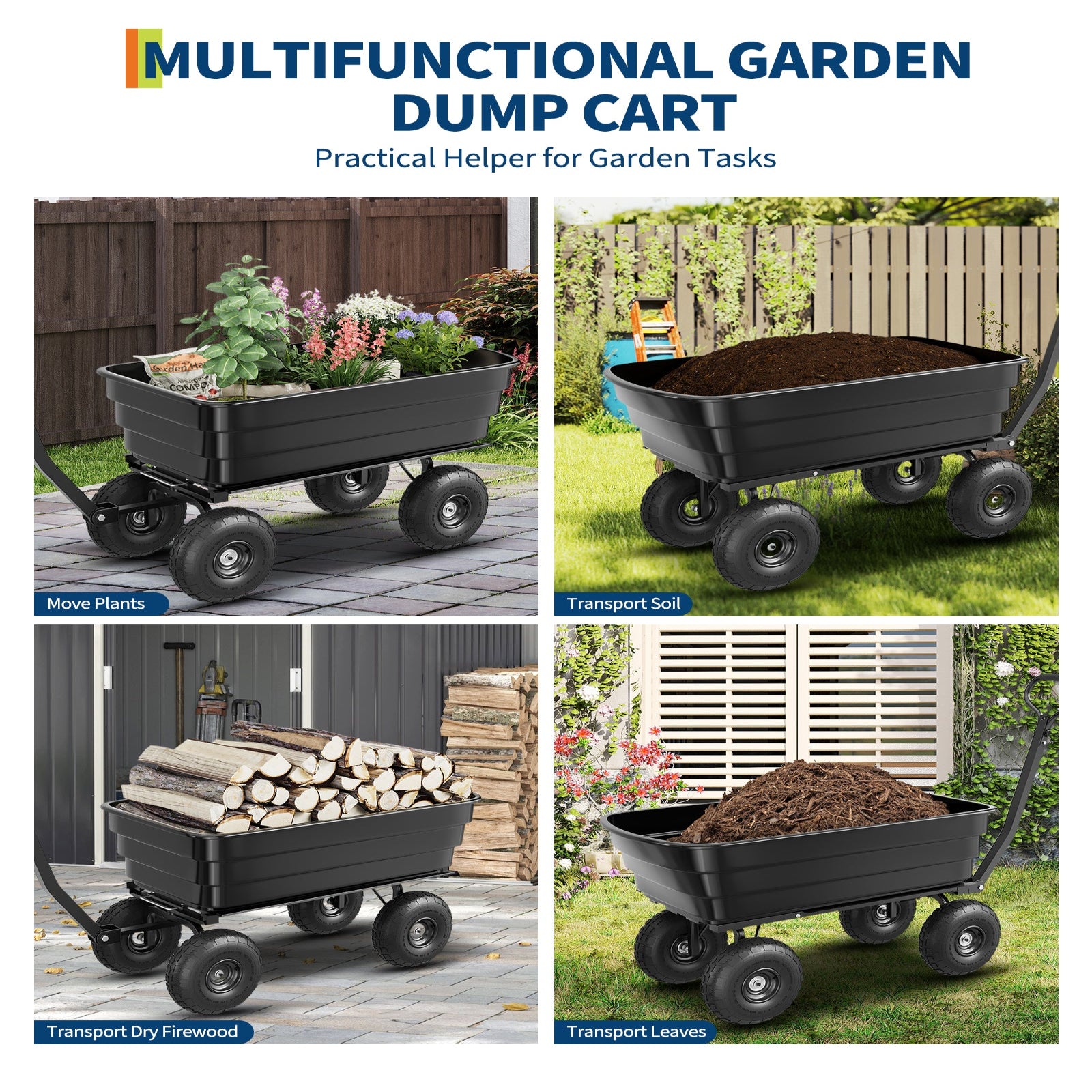 Garvee 1200 lb Poly Dump Cart, Heavy-Duty Yard Wagon with Quick Dump, No-Flat 13" Tires, Steel Frame Garden Utility Cart