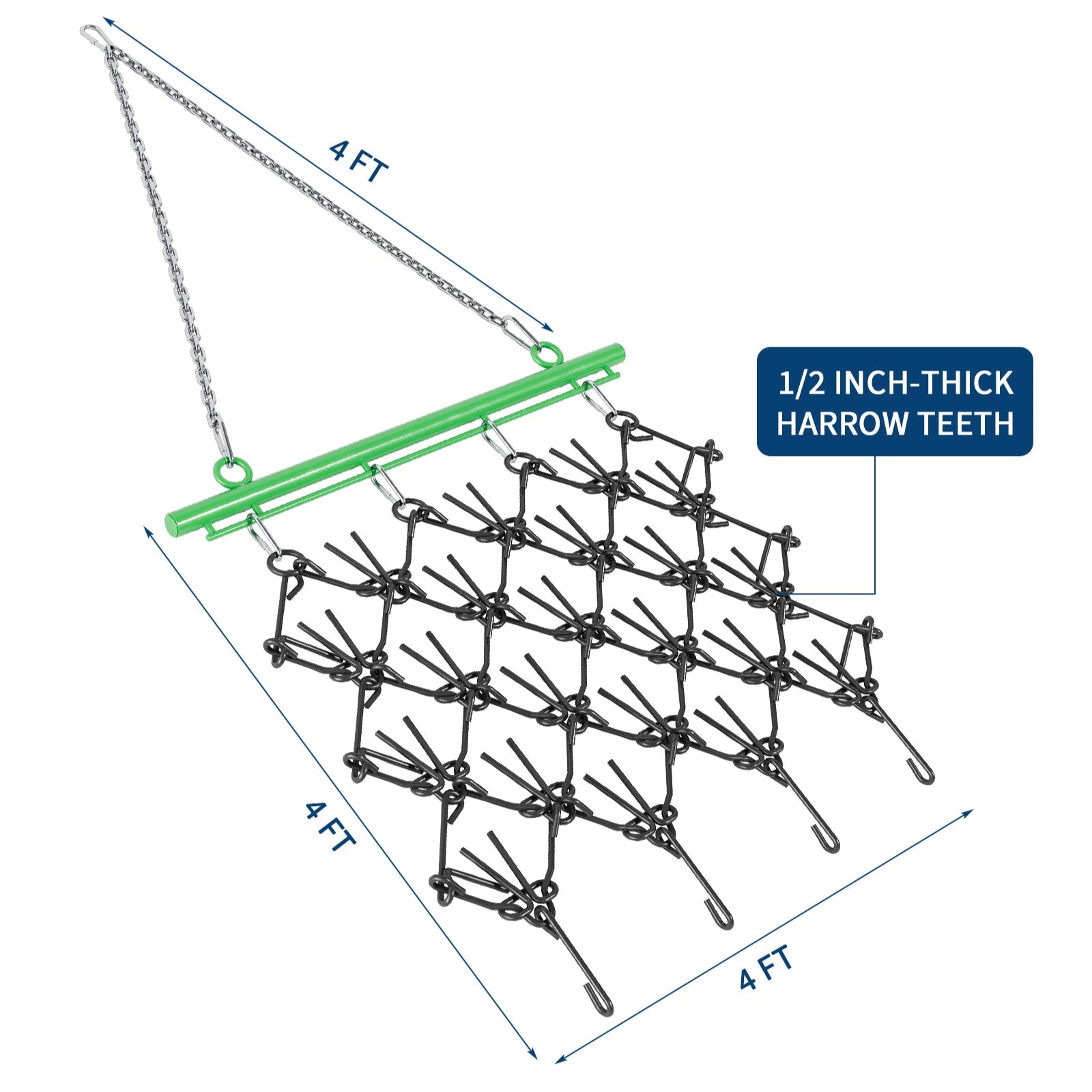 Garvee 4x4 FT ATV Chain Drag Harrow with 1/2 Inch Tines, Heavy-Duty Steel, Adjustable Tow Bar, Compatible with 2" Hitch, Lawn & Farm Use