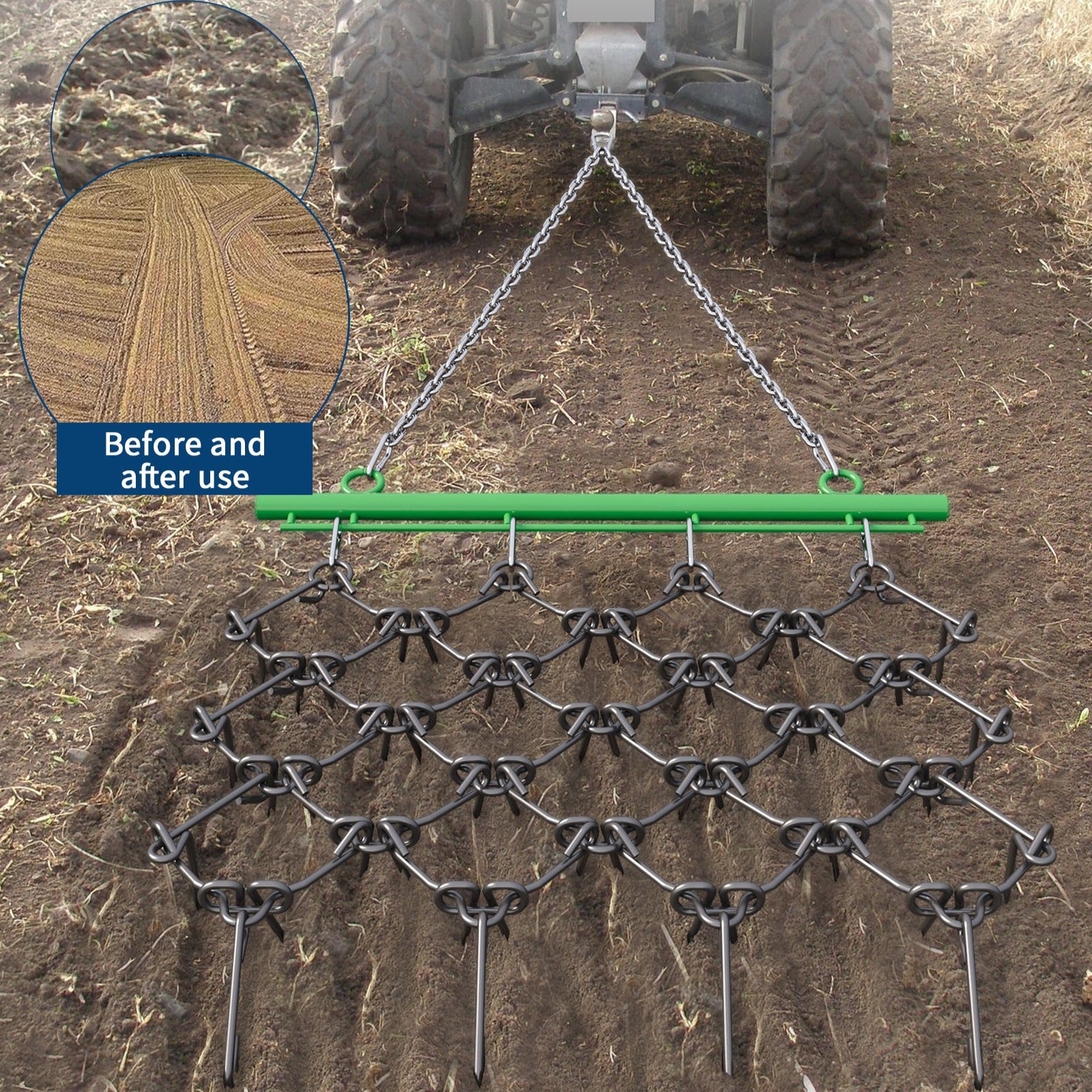 Garvee 4x4 FT ATV Chain Drag Harrow with 1/2 Inch Tines, Heavy-Duty Steel, Adjustable Tow Bar, Compatible with 2" Hitch, Lawn & Farm Use