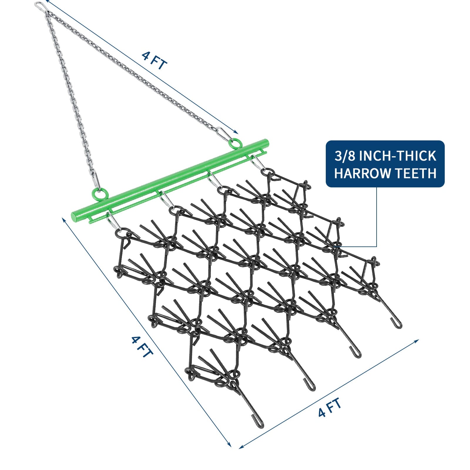 Garvee Heavy Duty Drag Harrow 4x4 FT 3/8" Tines Steel Powder Coated Adjustable Drawbar ATV UTV Lawn Tractor Soil Prep