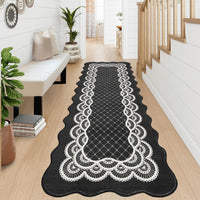 Garvee Scalloped Black 2x6 Runner Rug Washable Non Slip Stain Resistant Low Pile Faux Wool for Kitchen Bathroom Entryway