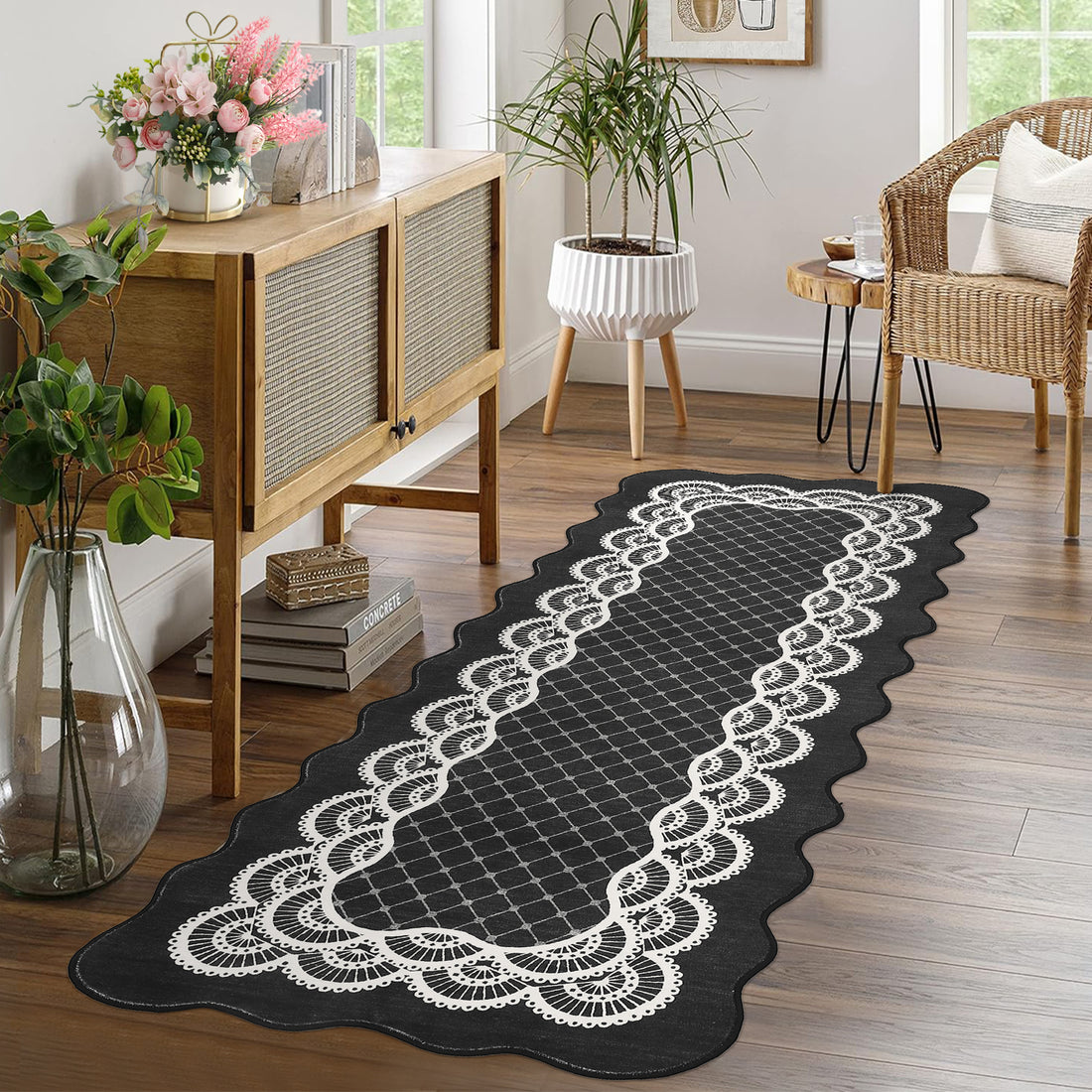 Garvee Scalloped Black 2x6 Runner Rug Washable Non Slip Stain Resistant Low Pile Faux Wool for Kitchen Bathroom Entryway