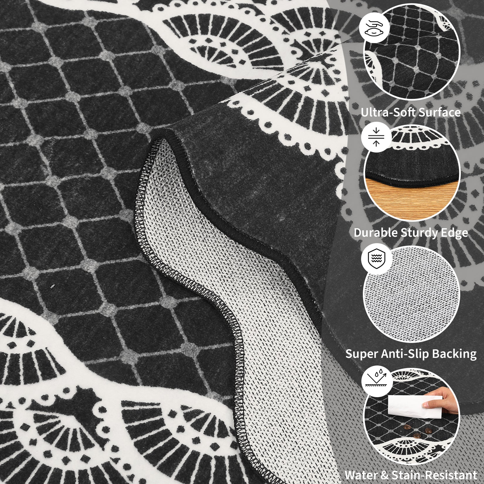 Garvee Scalloped Black 2x6 Runner Rug Washable Non Slip Stain Resistant Low Pile Faux Wool for Kitchen Bathroom Entryway