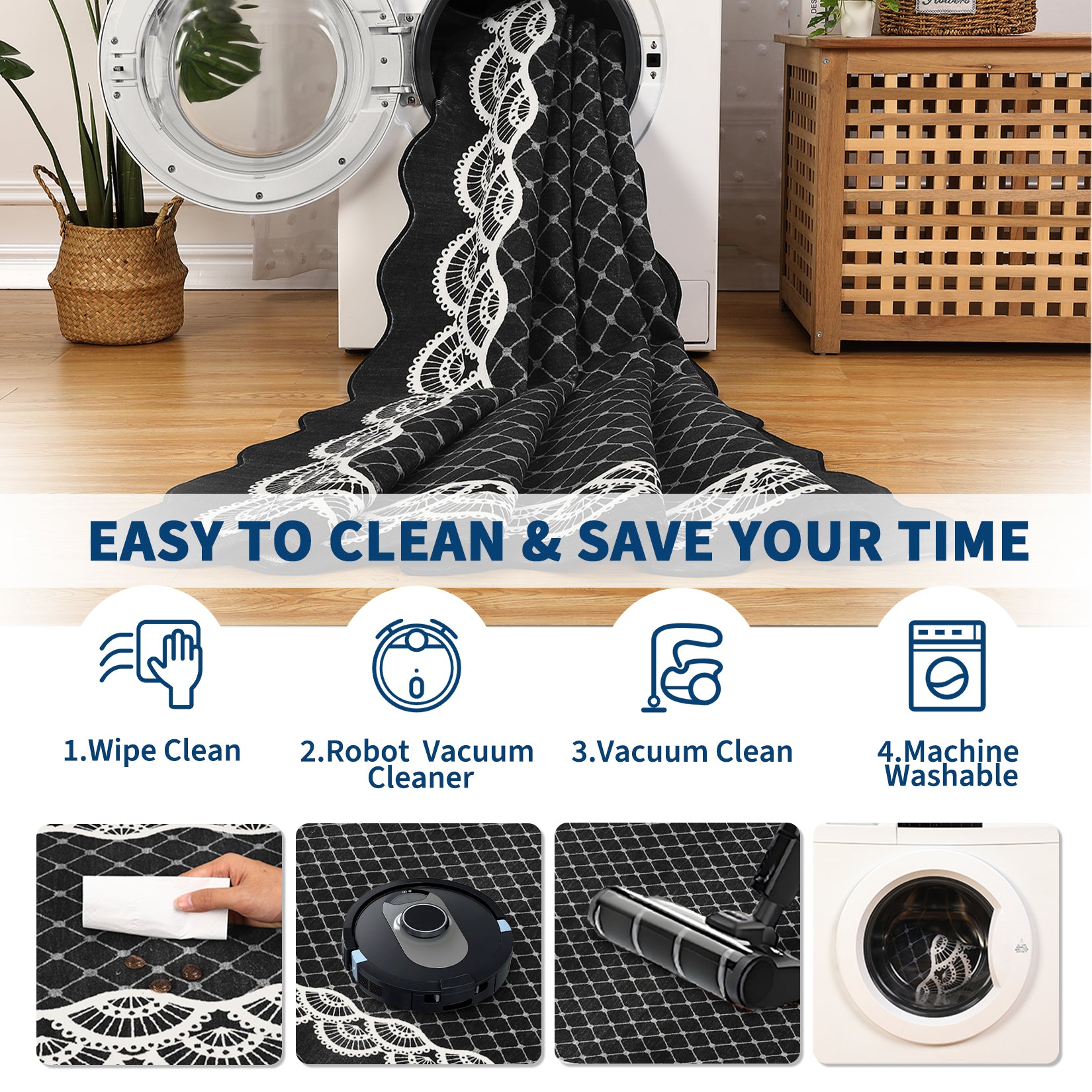 Garvee Scalloped Black 2x6 Runner Rug Washable Non Slip Stain Resistant Low Pile Faux Wool for Kitchen Bathroom Entryway