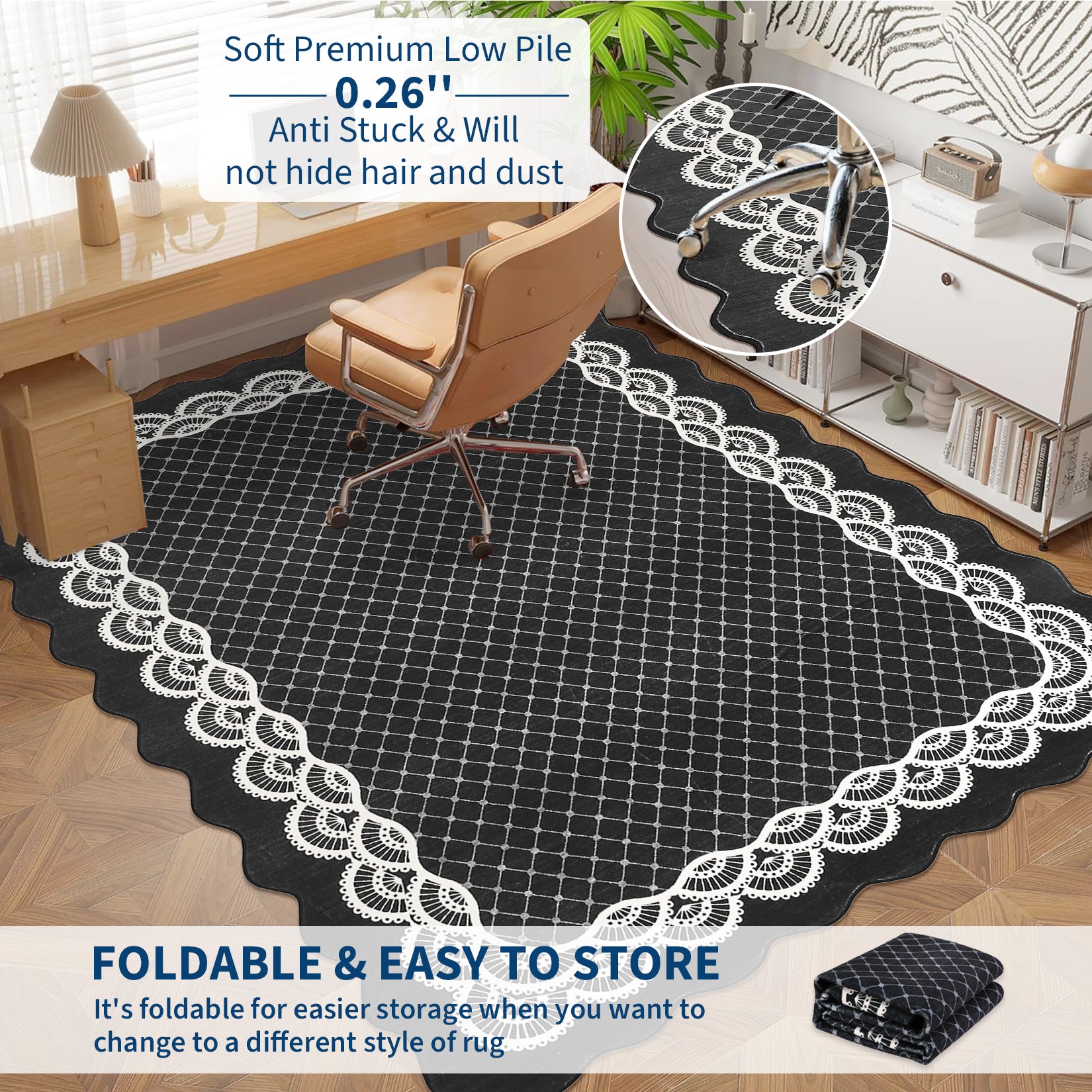 Garvee Scalloped Black 5x7 Washable Rugs, Modern Geometric Living Room Rug, Stain-Resistant, Soft Faux Wool Carpet for Bedroom Entryway Office