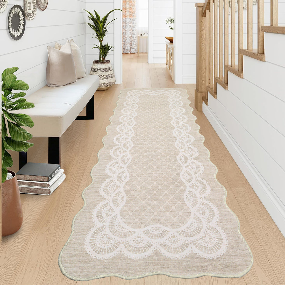 Garvee Scalloped Beige 2x6 Hallway Kitchen Runner Rug Non-Slip Beige for Laundry Room Bedroom Living Room