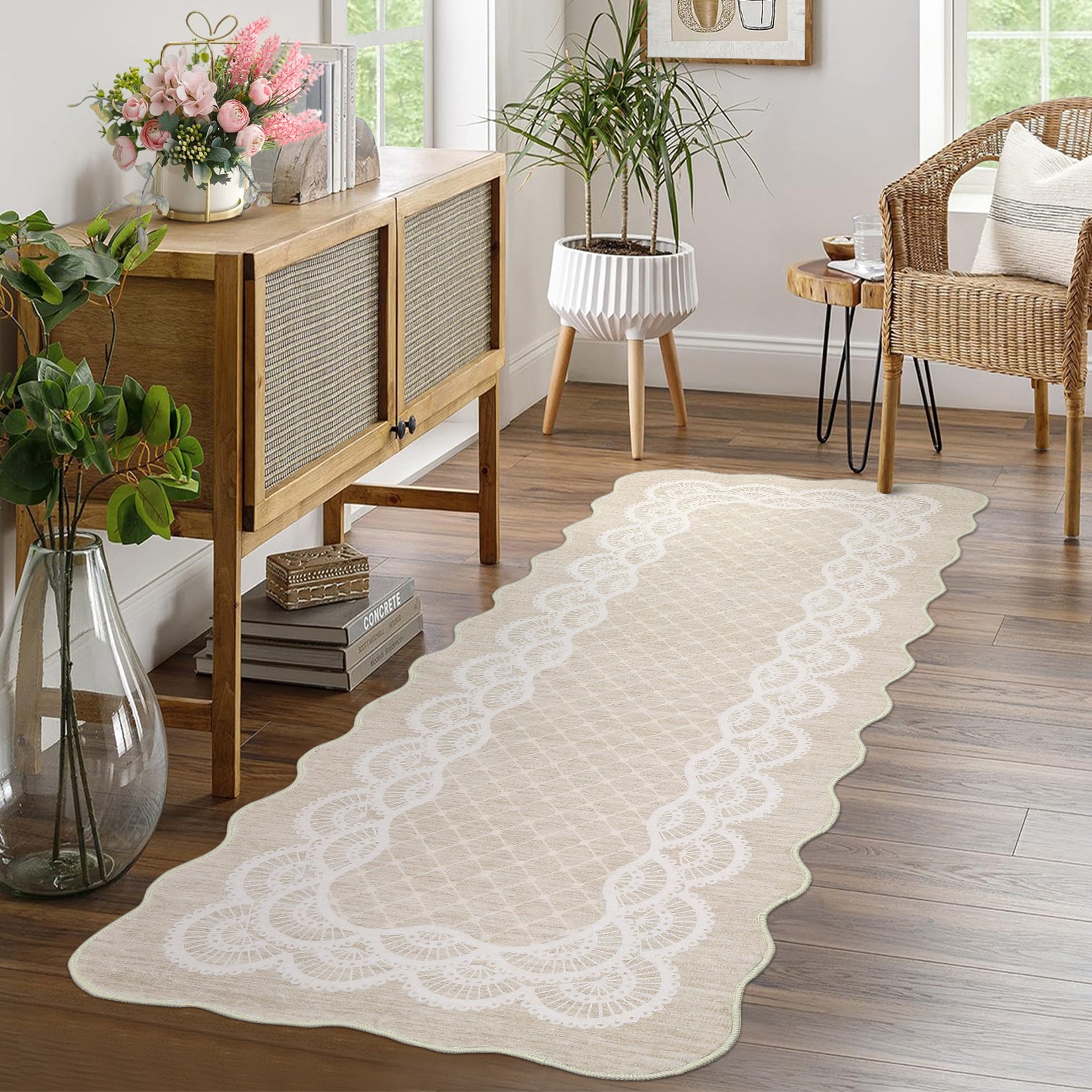 Garvee Scalloped Beige 2x6 Hallway Kitchen Runner Rug Non-Slip Beige for Laundry Room Bedroom Living Room
