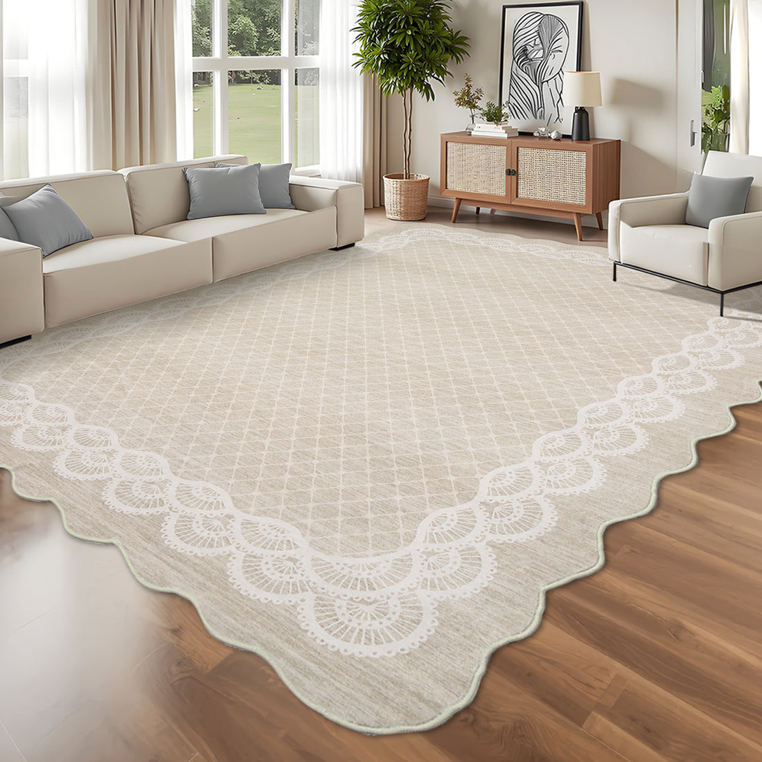 Garvee Scalloped Beige 9x12 Washable Rugs, Modern Neutral Large Area Rug for Living Room, Bedroom, Apartment, Nursery