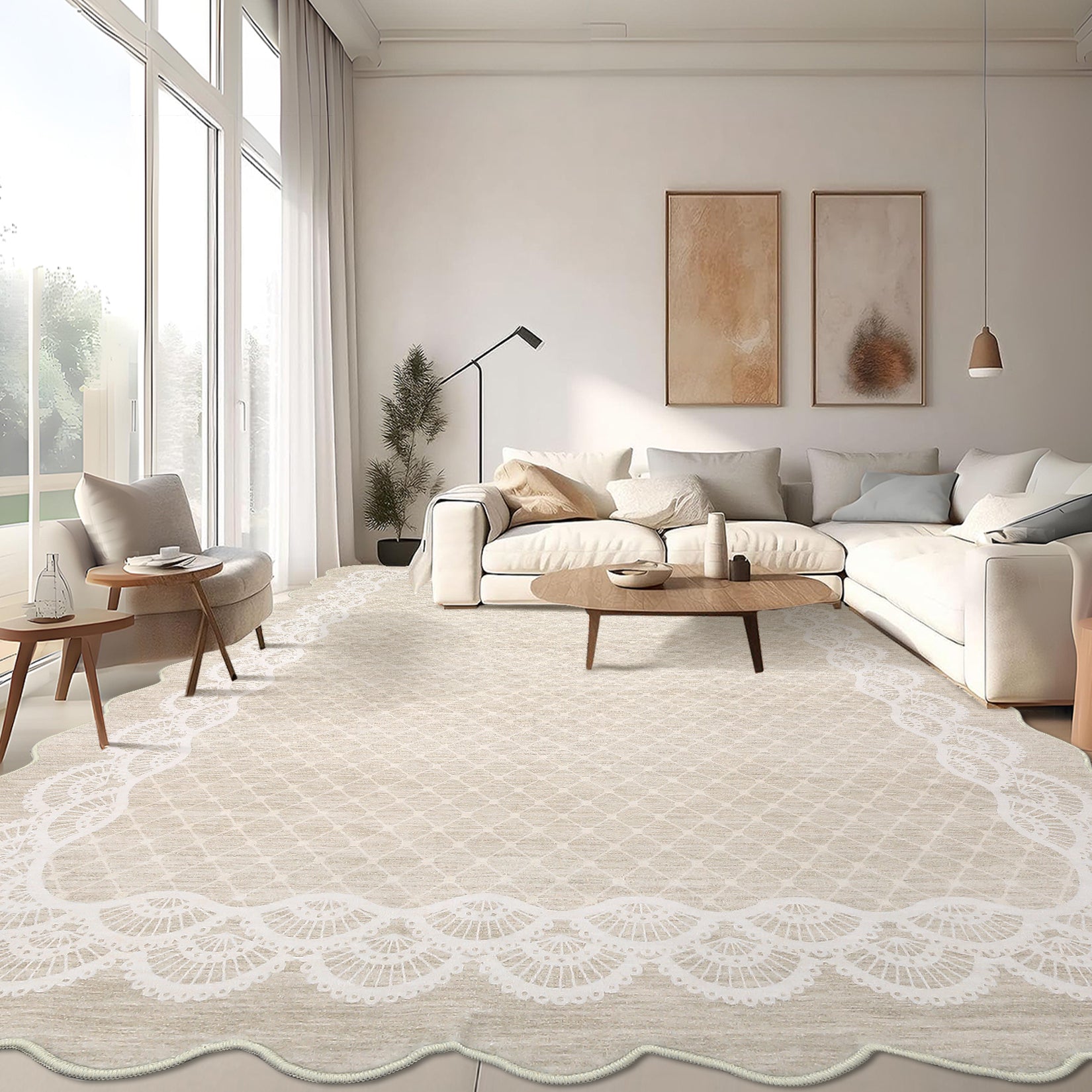 Garvee Scalloped Beige 9x12 Washable Rugs, Modern Neutral Large Area Rug for Living Room, Bedroom, Apartment, Nursery