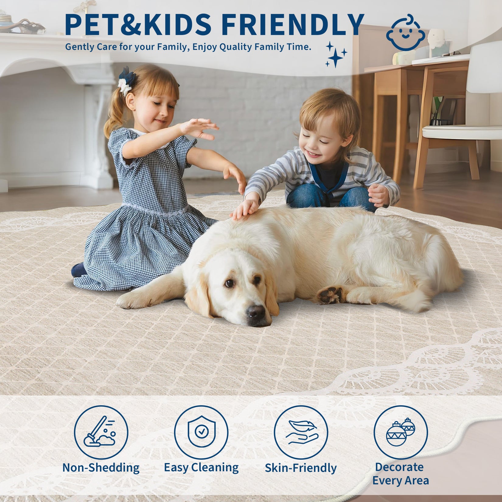 Garvee Scalloped Beige 5x7 Washable Rugs, Modern Geometric Living Room Rug, Stain-Resistant Faux Wool Floor Cover for Bedroom, Office, Kitchen