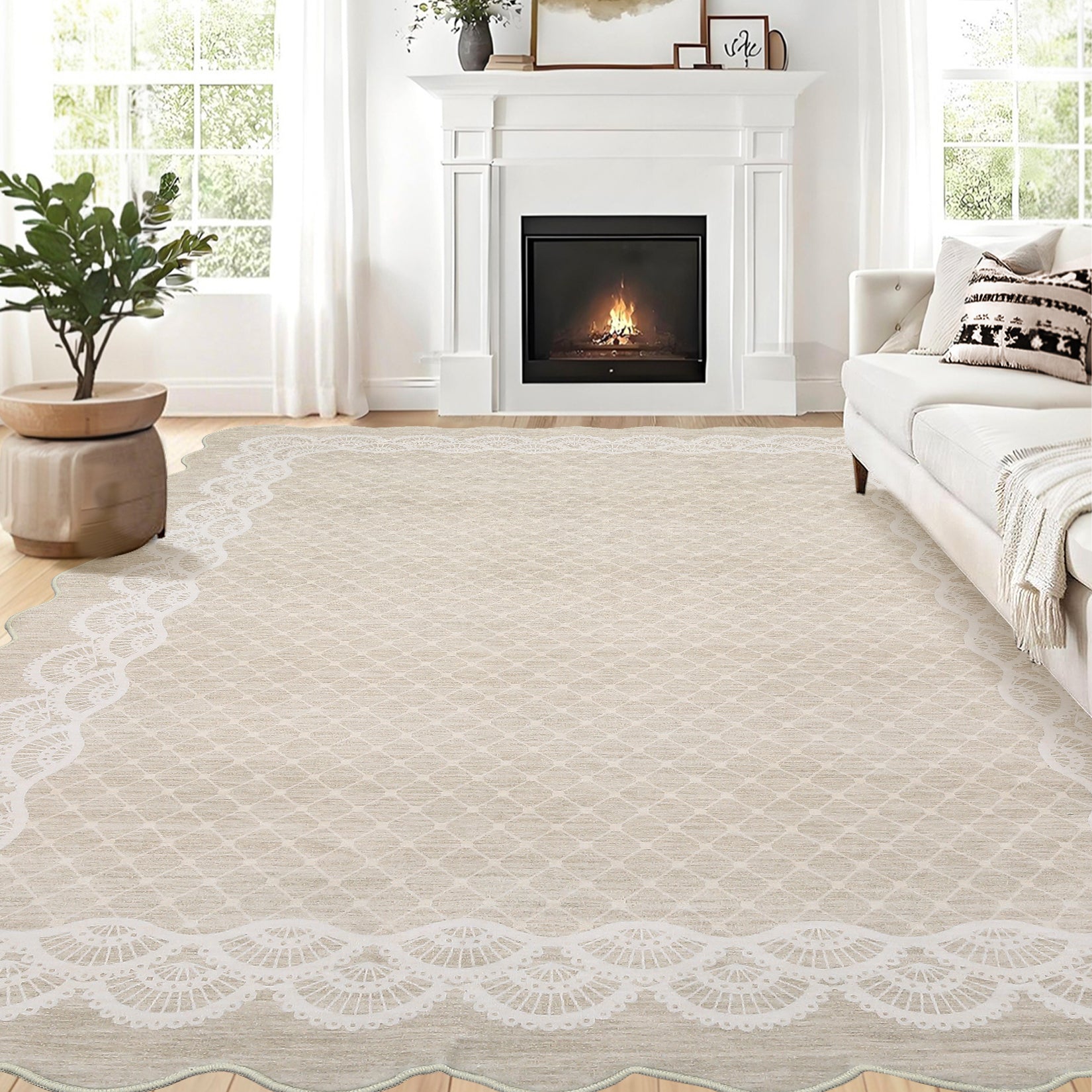 Garvee Scalloped Beige 9x12 Washable Rugs, Modern Neutral Large Area Rug for Living Room, Bedroom, Apartment, Nursery