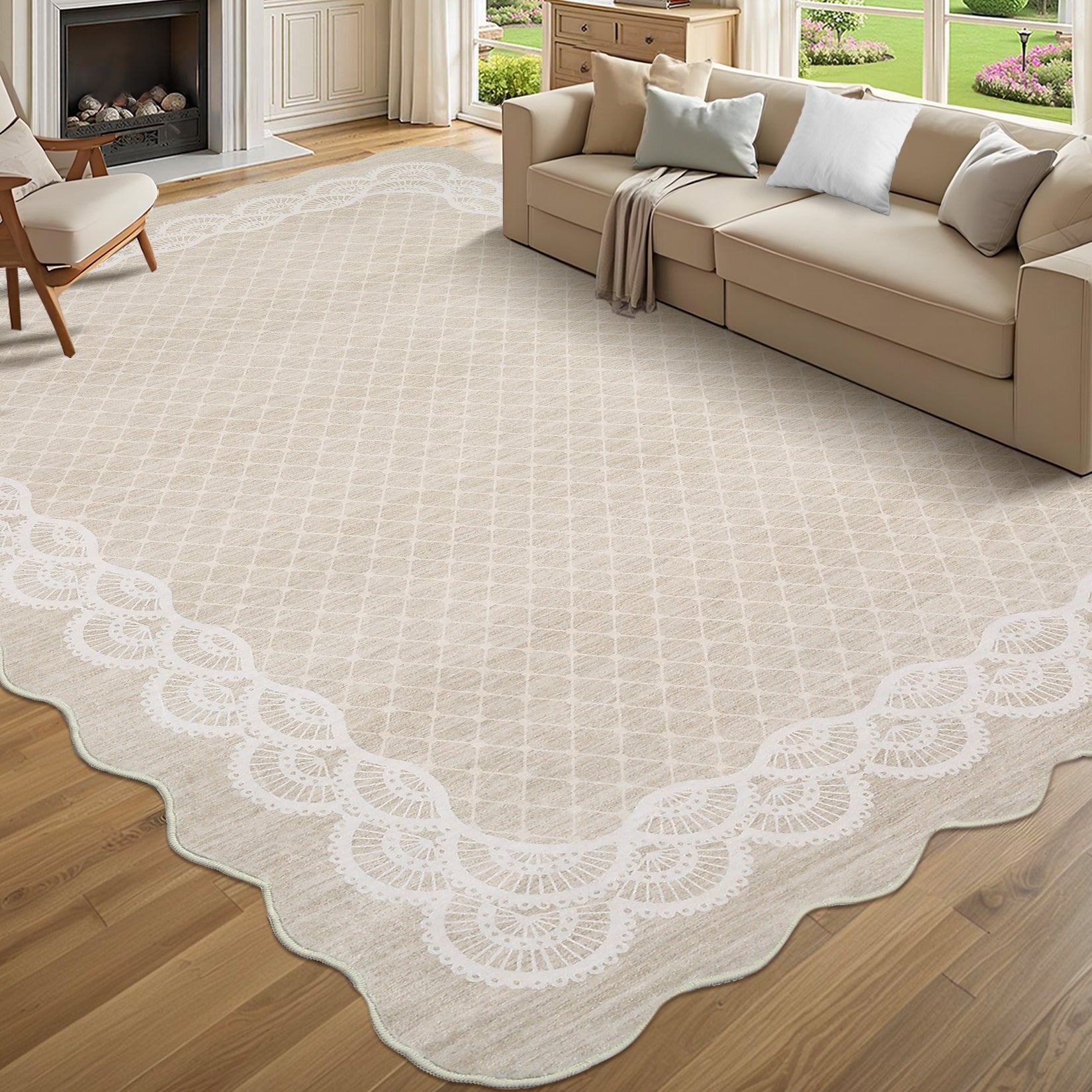Garvee Scalloped Beige 9x12 Washable Rugs, Modern Neutral Large Area Rug for Living Room, Bedroom, Apartment, Nursery