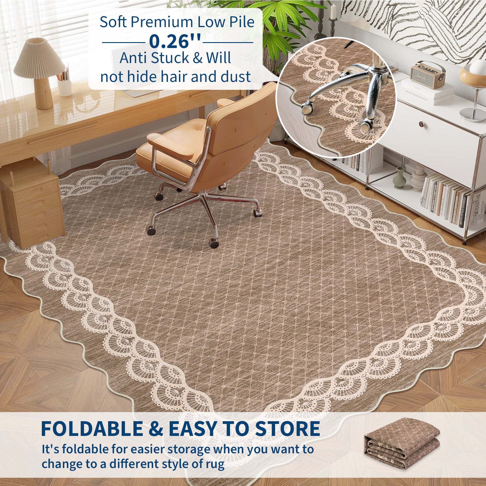 Garvee Scalloped Coffee 2x6 Hallway Kitchen Runner Rug Non-Slip Brown for Laundry Room Bedroom Living Room