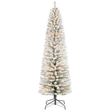 Garvee 7.5ft Flocked Pencil Christmas Tree with Lights, Slim Prelit Artificial Tree, Snowy PVC Branch Tips, Metal Stand, Easy Assembly, Ideal for Apartments & Entryways