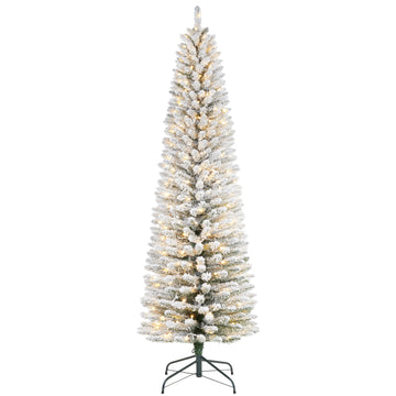 Garvee 7.5ft Flocked Pencil Christmas Tree with Lights, Slim Prelit Artificial Tree, Snowy PVC Branch Tips, Metal Stand, Easy Assembly, Ideal for Apartments & Entryways