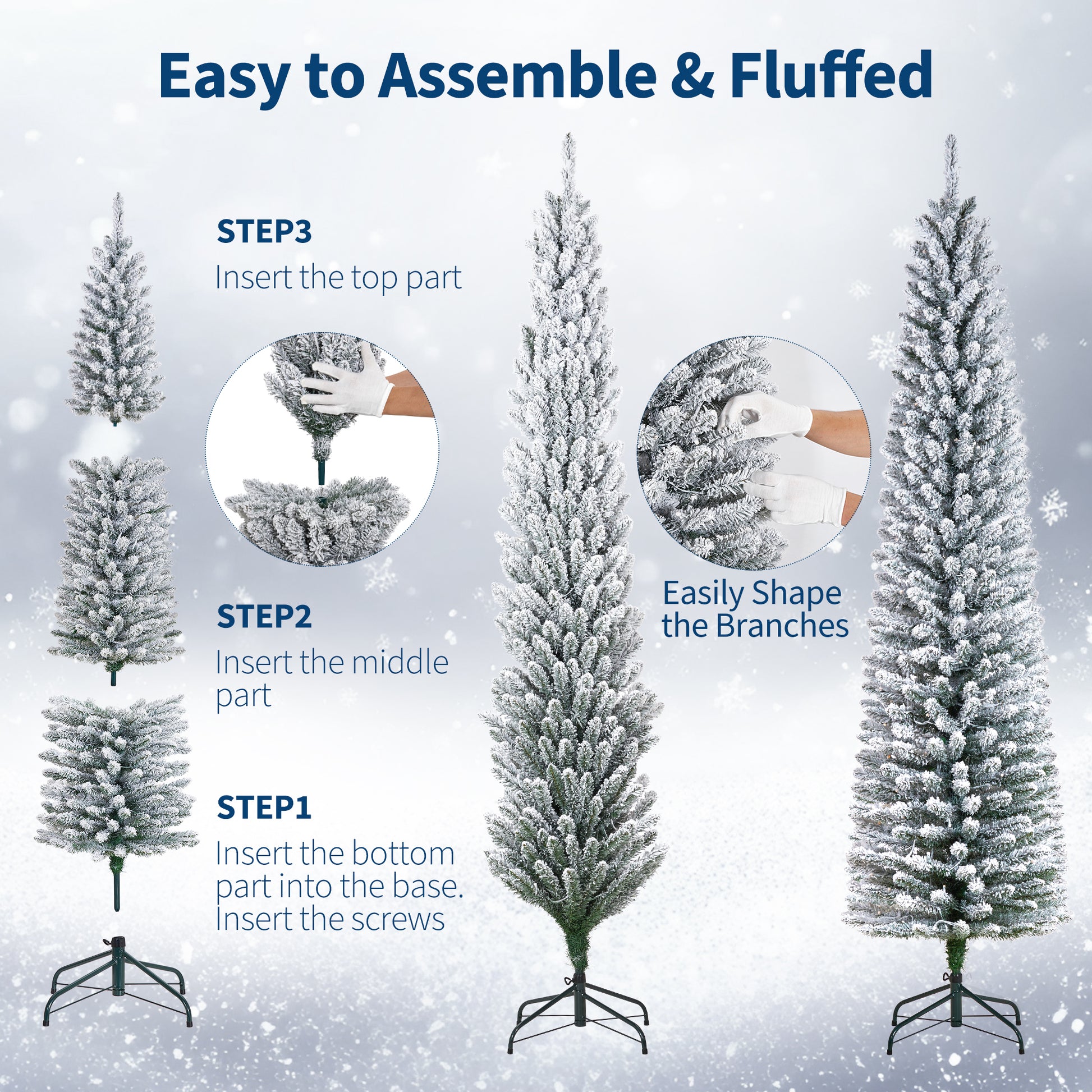 Garvee 7.5ft Flocked Pencil Christmas Tree with Lights, Slim Prelit Artificial Tree, Snowy PVC Branch Tips, Metal Stand, Easy Assembly, Ideal for Apartments & Entryways