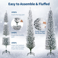 Garvee 7.5ft Flocked Pencil Christmas Tree with Lights, Slim Prelit Artificial Tree, Snowy PVC Branch Tips, Metal Stand, Easy Assembly, Ideal for Apartments & Entryways