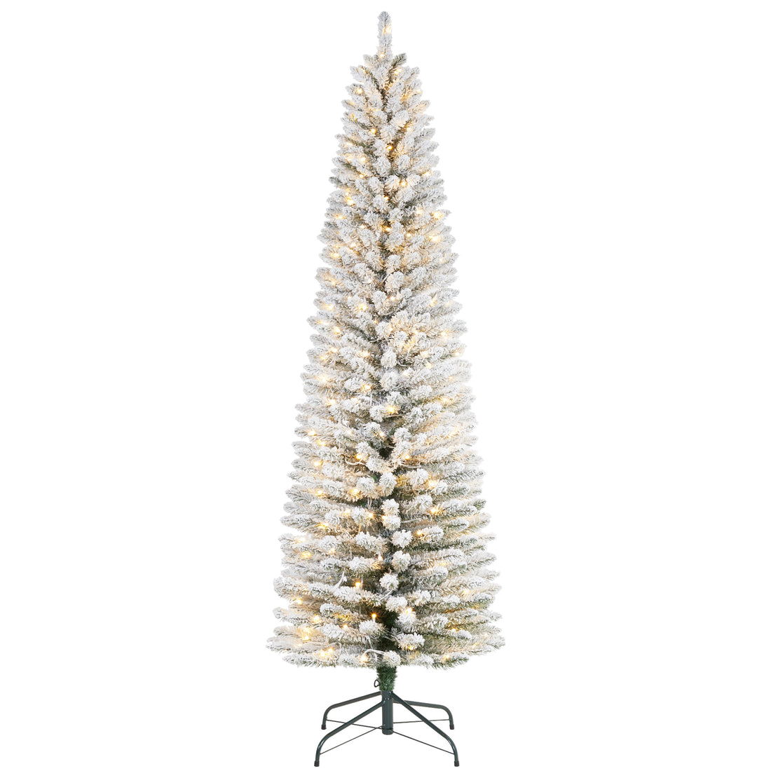 Garvee 6ft Flocked Pencil Christmas Tree with Lights, Slim Prelit Artificial Tree, Snowy PVC Branch Tips, Metal Stand, Easy Assembly, Ideal for Apartments & Entryways