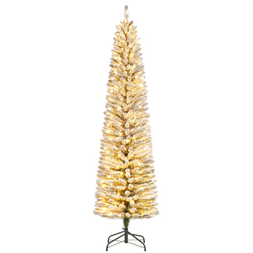 Garvee 9ft Flocked Pencil Christmas Tree with Lights, Slim Prelit Artificial Tree, Snowy PVC Branch Tips, Metal Stand, Easy Assembly, Ideal for Apartments & Entryways