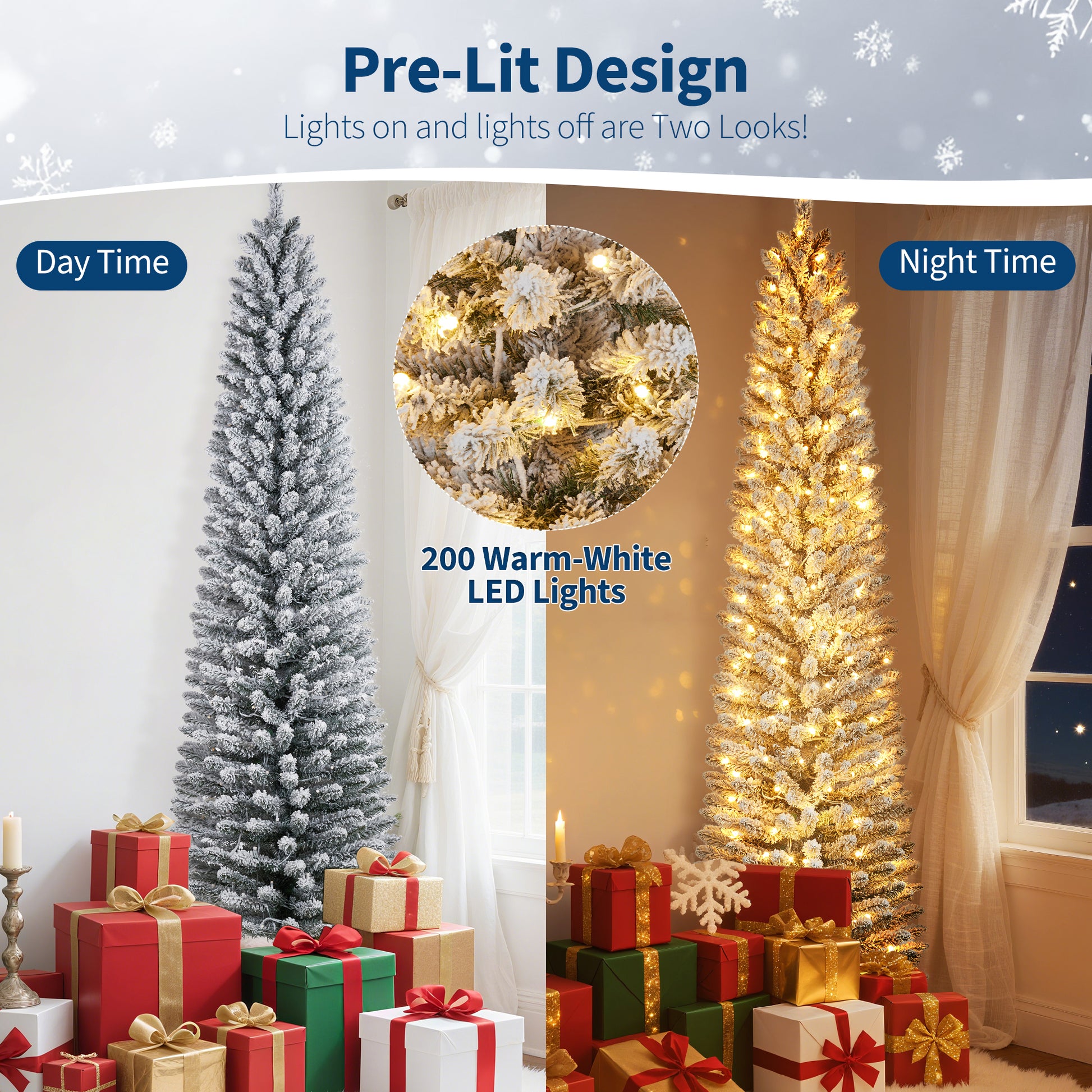 Garvee 9ft Flocked Pencil Christmas Tree with Lights, Slim Prelit Artificial Tree, Snowy PVC Branch Tips, Metal Stand, Easy Assembly, Ideal for Apartments & Entryways