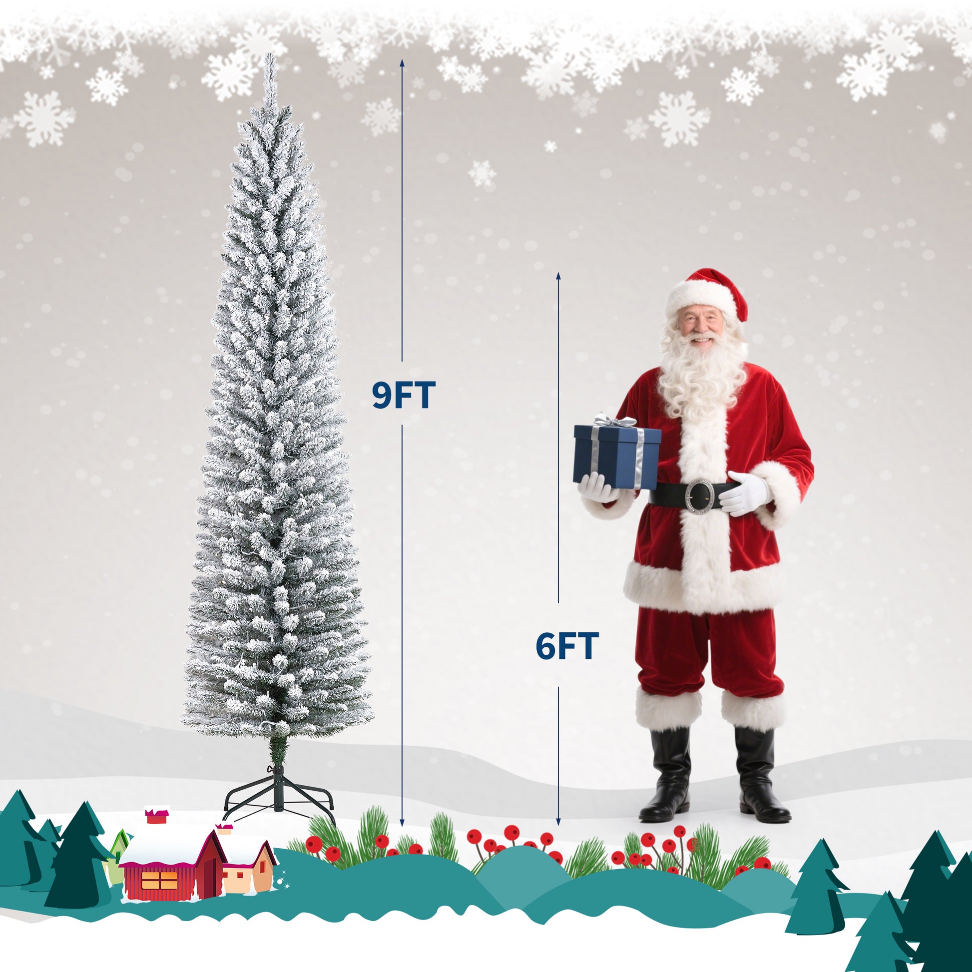 Garvee 9ft Flocked Pencil Christmas Tree with Lights, Slim Prelit Artificial Tree, Snowy PVC Branch Tips, Metal Stand, Easy Assembly, Ideal for Apartments & Entryways