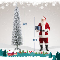 Garvee 9ft Flocked Pencil Christmas Tree with Lights, Slim Prelit Artificial Tree, Snowy PVC Branch Tips, Metal Stand, Easy Assembly, Ideal for Apartments & Entryways