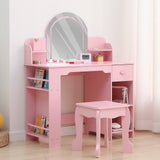 Garvee Kids Vanity with Lighted Mirror, 2 In 1 Little Girls Vanity Table & Stool, Kids Makeup Table with Bookshelf, Drawer & Open Shelves for 3-9 Yrs Girls, Pink - Pink