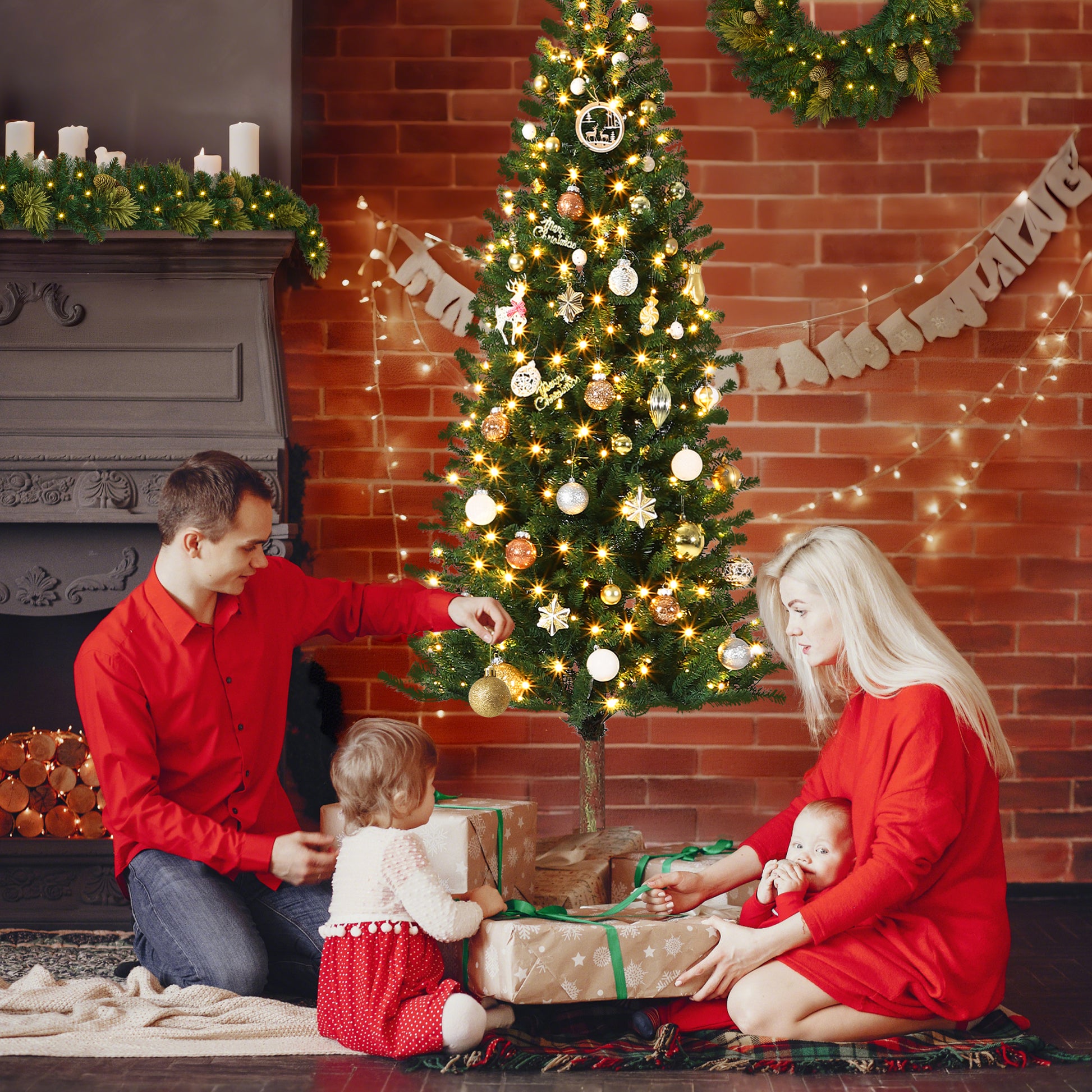 Garvee 7.5ft Pencil Christmas Tree, Pre-lit Alpine Slim Xmas Tree with Lighted Skinny Décor LED Lights, Metal Stand Holiday Decoration for Home, Office, Outdoor, Party