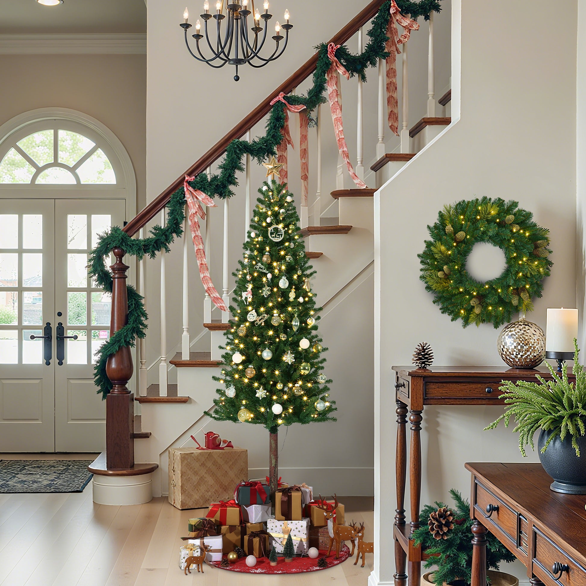Garvee Pencil Christmas Tree 6ft, Pre-lit Alpine Slim Xmas Tree with Lighted Skinny Décor LED Lights, Metal Stand Holiday Decoration for Home, Office, Outdoor, Party