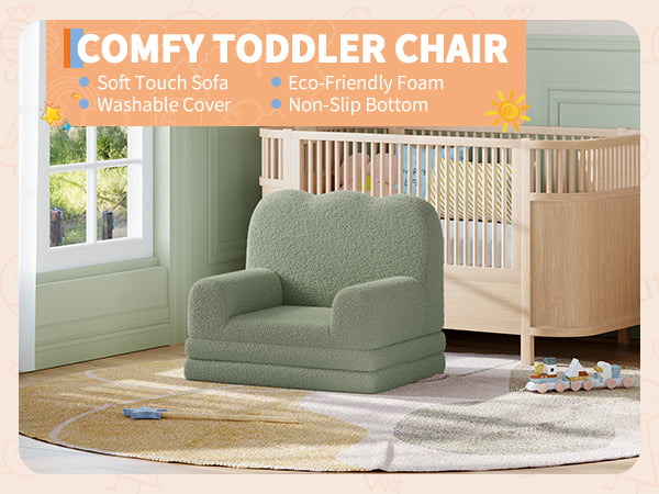 Garvee Foldable Lambswool Toddler Couch in Wave-Shaped Design for Reading and Playroom, Green