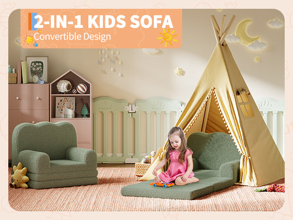 Garvee Foldable Lambswool Toddler Couch in Wave-Shaped Design for Reading and Playroom, Green