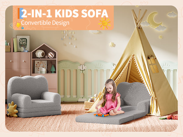 Garvee Foldable Lambswool Toddler Couch in Wave-Shaped Design for Reading and Playroom, Grey