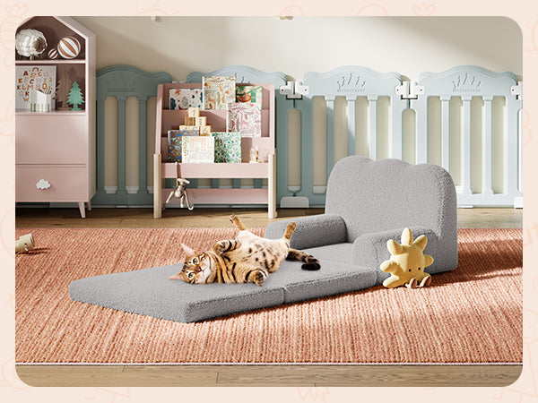 Garvee Foldable Lambswool Toddler Couch in Wave-Shaped Design for Reading and Playroom, Grey