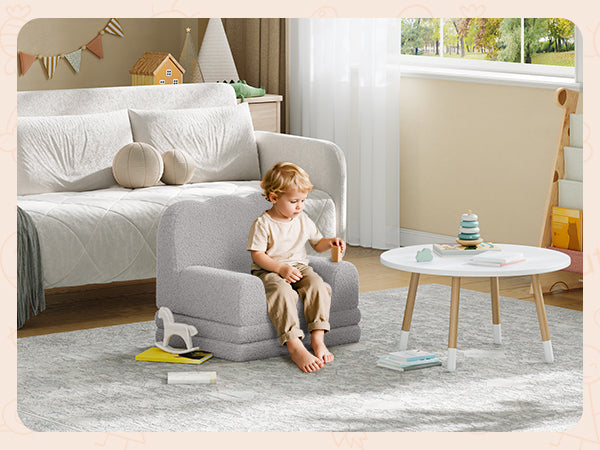 Garvee Foldable Lambswool Toddler Couch in Wave-Shaped Design for Reading and Playroom, Grey