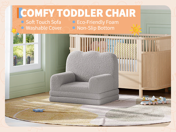 Garvee Foldable Lambswool Toddler Couch in Wave-Shaped Design for Reading and Playroom, Grey