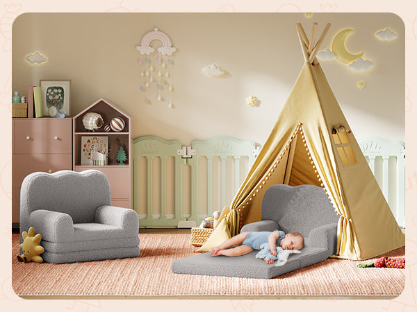 Garvee Foldable Lambswool Toddler Couch in Wave-Shaped Design for Reading and Playroom, Grey