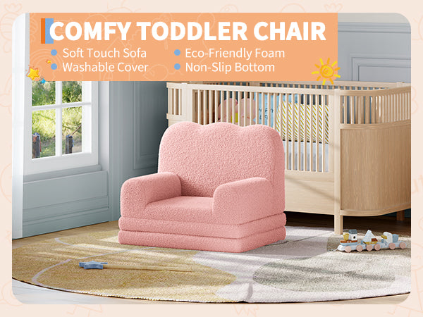 Garvee Foldable Lambswool Toddler Couch in Wave-Shaped Design for Reading and Playroom, Pink