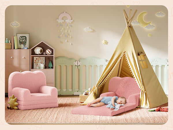 Garvee Foldable Lambswool Toddler Couch in Wave-Shaped Design for Reading and Playroom, Pink