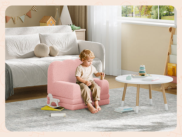 Garvee Foldable Lambswool Toddler Couch in Wave-Shaped Design for Reading and Playroom, Pink