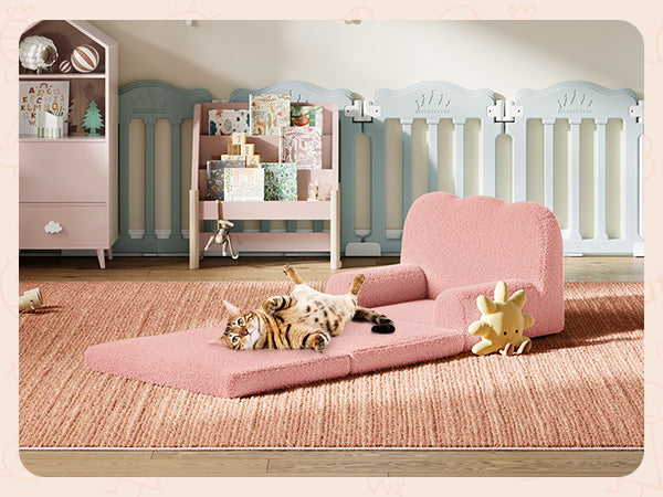 Garvee Foldable Lambswool Toddler Couch in Wave-Shaped Design for Reading and Playroom, Pink