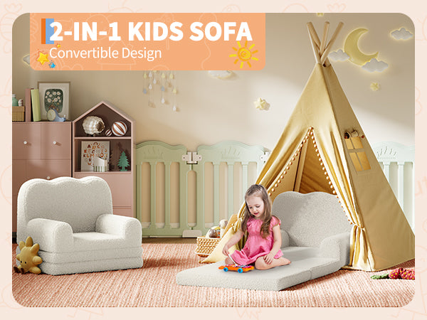 Garvee Foldable Lambswool Toddler Couch in Wave-Shaped Design for Reading and Playroom, White