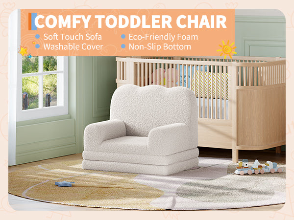 Garvee Foldable Lambswool Toddler Couch in Wave-Shaped Design for Reading and Playroom, White