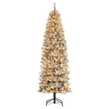 Garvee 9ft Pre-lit Artificial Christmas Tree, Snow-Flocked Pencil Xmas Tree with Warm White Lights, Snowy PVC Branch Tips, Seasonal Decoration Tree for Home Office