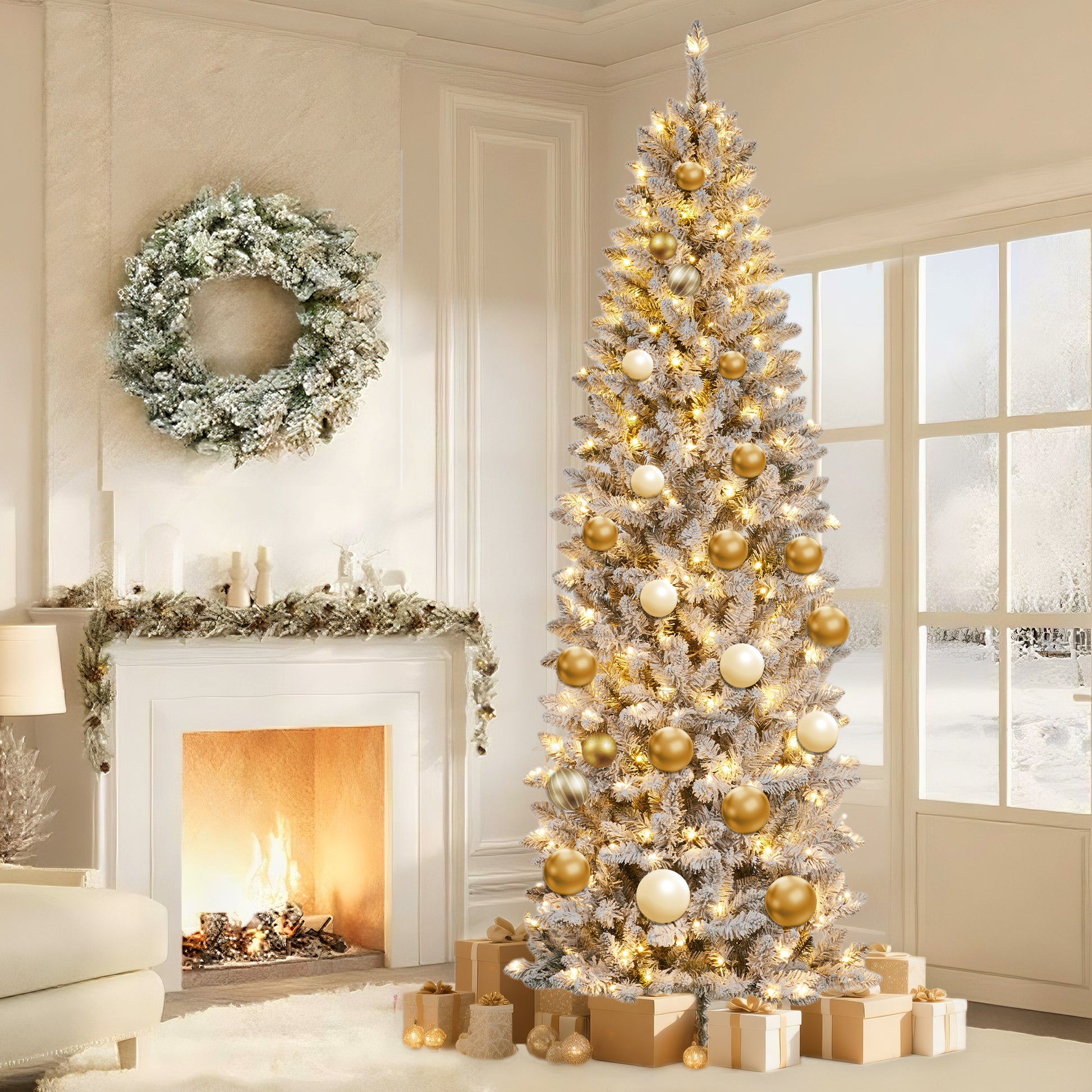 Garvee 6ft Pre-lit Artificial Christmas Tree, Snow-Flocked Pencil Xmas Tree with Warm White Lights, Snowy PVC Branch Tips, Seasonal Decoration Tree for Home Office