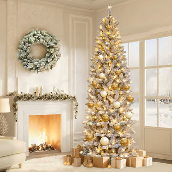 Garvee 12ft Pre-lit Artificial Christmas Tree, Snow-Flocked Pencil Xmas Tree with Warm White Lights, Snowy PVC Branch Tips, Seasonal Decoration Tree for Home Office