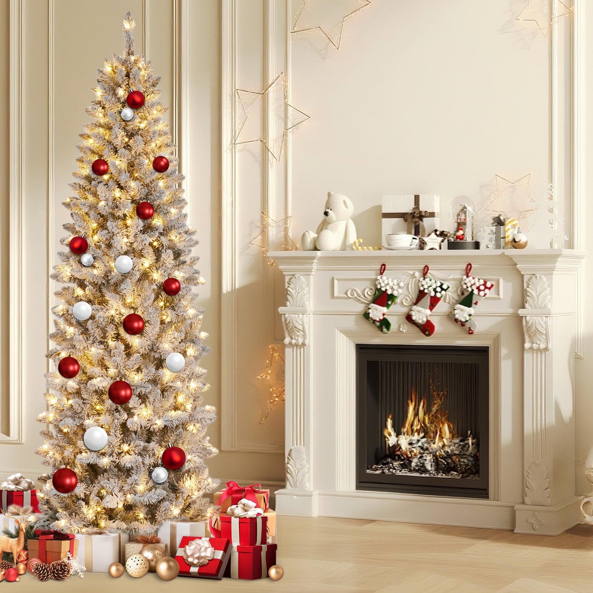Garvee 6ft Pre-lit Artificial Christmas Tree, Snow-Flocked Pencil Xmas Tree with Warm White Lights, Snowy PVC Branch Tips, Seasonal Decoration Tree for Home Office